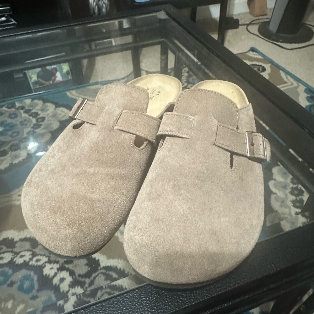 Tan Suede Buckle Slip-On Clogs